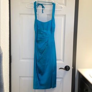 cache teal satin scoop neck dress